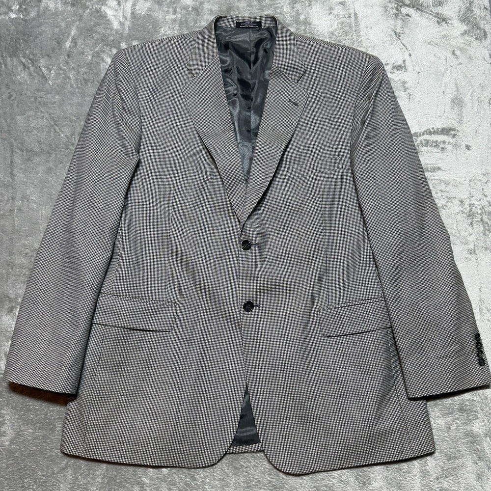 Stafford 46L Houndstooth Sport Coat 100% Pure New Wool Gray Blue Blazer 46 Long